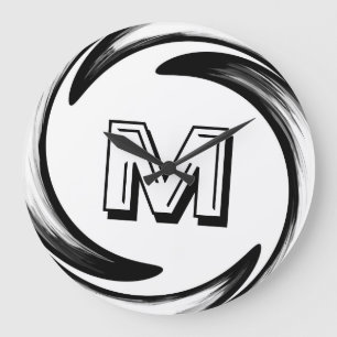 Abstract Black Swirl Monogram #2 Large Clock