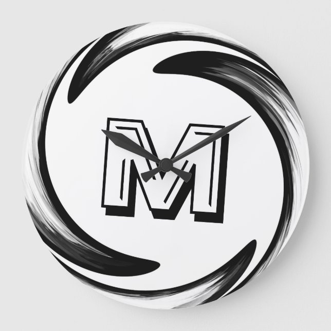Abstract Black Swirl Monogram #2 Large Clock (Front)