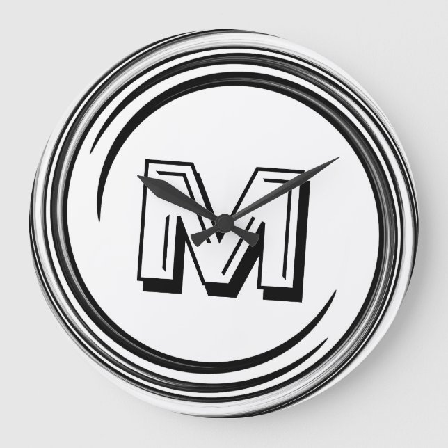 Abstract Black Swirl Monogram Large Clock (Front)