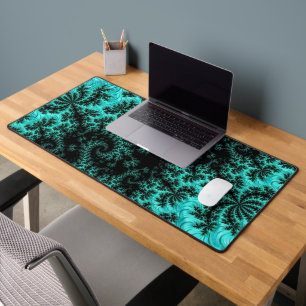 Abstract Black Teal Symmetrical Fractal Desk Mat