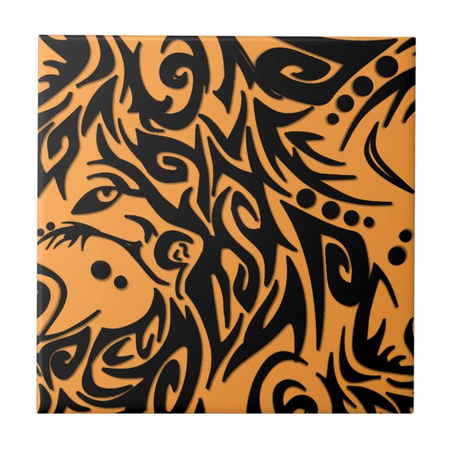 Abstract Black Tribal Design on Orange Tile (Front)