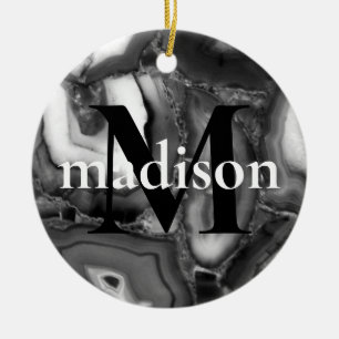 Abstract Black White agates geode monogram script  Ceramic Tree Decoration