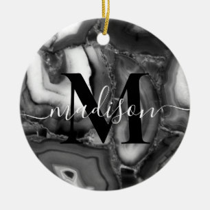 Abstract Black White agates geode monogram script Ceramic Tree Decoration