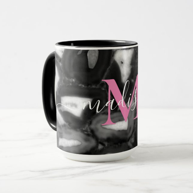 Abstract Black White agates geode monogram script  Mug (Front Left)