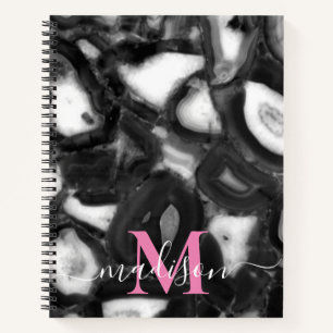 Abstract Black White agates geode monogram script  Notebook