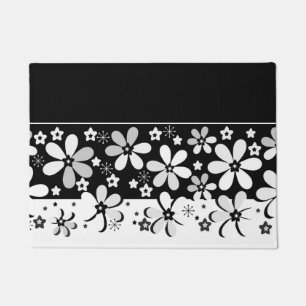 Abstract black white cartoon flowers floral design doormat