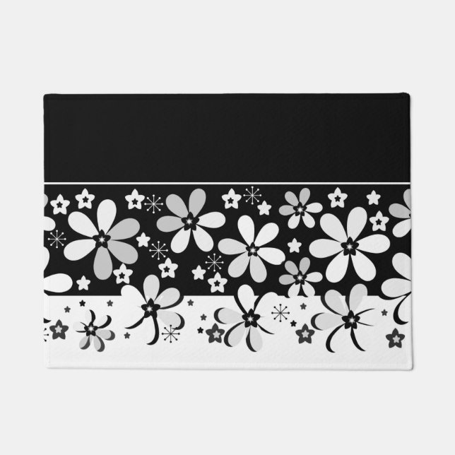 Abstract black white cartoon flowers floral design doormat (Front)