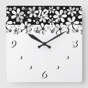 Abstract black white cartoon flowers floral design square wall clock