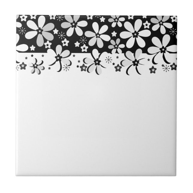 Abstract black white cartoon flowers floral design tile (Front)