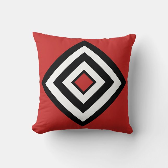 Abstract Black & White Diamonds on Crimson Red Cushion (Front)