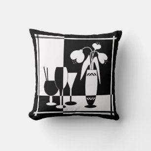Abstract black white flowers vase wineglass monoch cushion
