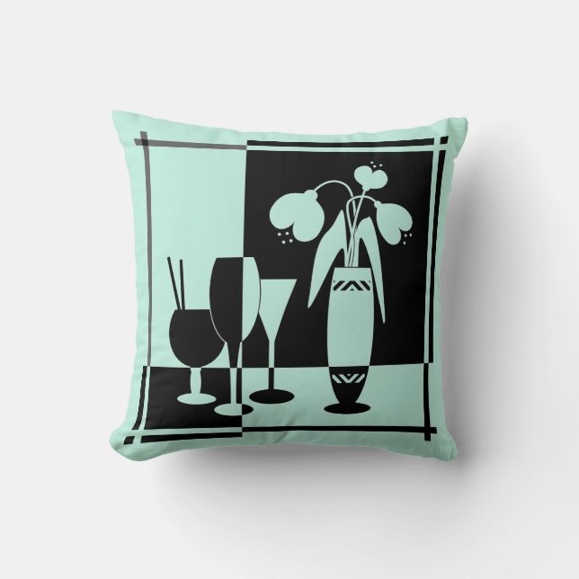 Abstract black white flowers vase wineglass monoch cushion (Front)