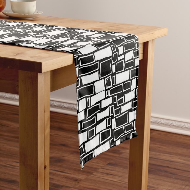 Abstract Black White Geometric Tiles Short Table Runner (In Situ)