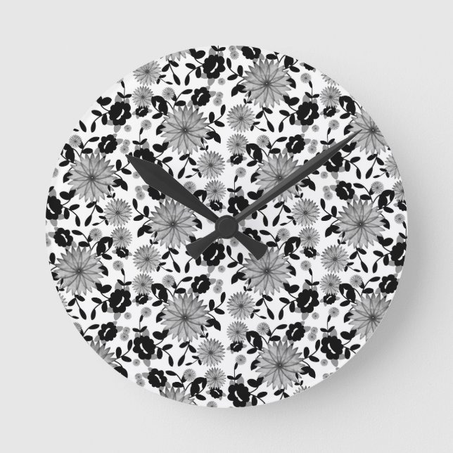 Abstract Black White Grey Florals Design Round Clock (Front)