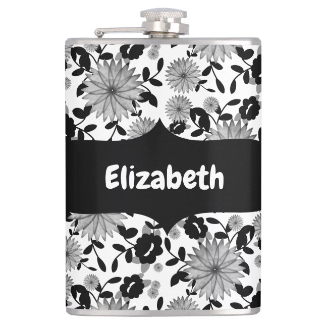 Abstract Black White Grey Florals Designer Flask (Front)