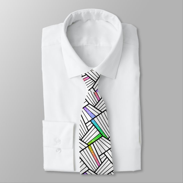 Abstract Black & White Lines Pattern Colour Accent Tie (Tied)