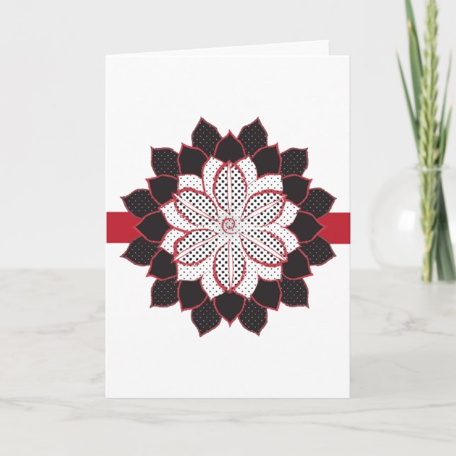 Abstract black, white, red polka dots poinsettia holiday card (Front)