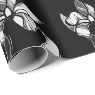Abstract black white shine flowers on black wrapping paper