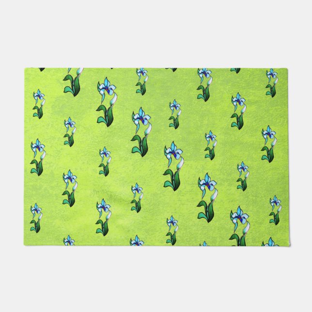 Abstract black white shine flowers on green doormat (Front)