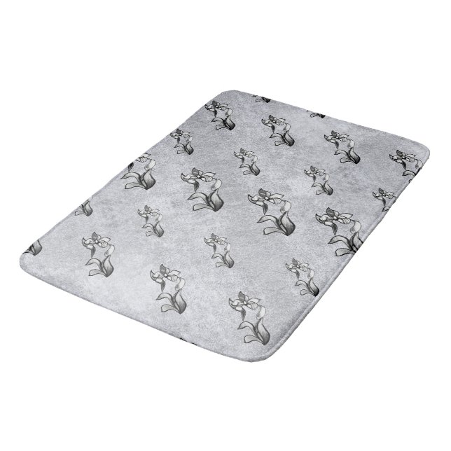 Abstract black white shine flowers on silver bath mat (Angled)