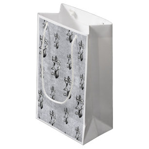 Abstract black white shine flowers on silver paper small gift bag