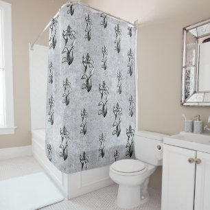 Abstract black white shine flowers on silver shower curtain