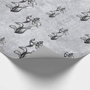 Abstract black white shine flowers on silver wrapping paper