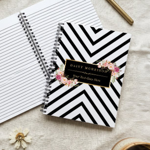 Abstract Black White Stripes and Floral Gold Frame Notebook