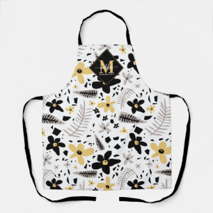 Abstract Black Yellow Grey Floral Monogramed Apron