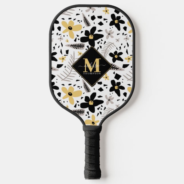 Abstract Black Yellow Grey Floral Monogramed Pickleball Paddle (Front)