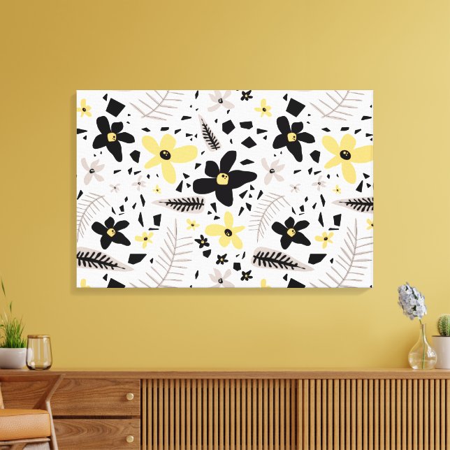 Abstract Black Yellow Grey Floral Pattern Canvas Print (Insitu(LivingRoom))