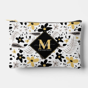 Abstract Black Yellow Grey Seamless Floral Pattern Accessory Pouch