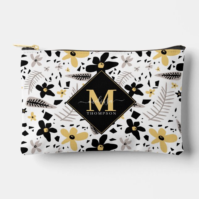 Abstract Black Yellow Grey Seamless Floral Pattern Accessory Pouch (Front)