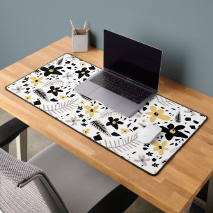 Abstract Black Yellow Grey Seamless Floral Pattern Desk Mat