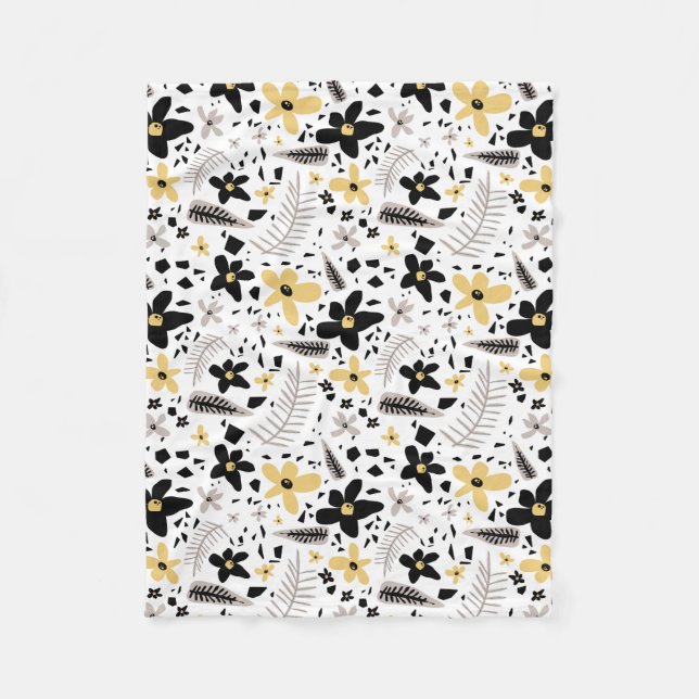 Abstract Black Yellow Grey Seamless Floral Pattern Fleece Blanket (Front)