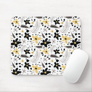 Abstract Black Yellow Grey Seamless Floral Pattern Mouse Mat
