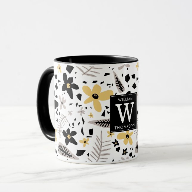 Abstract Black Yellow Grey Seamless Floral Pattern Mug (Front Left)