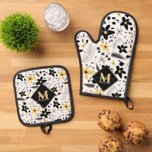 Abstract Black Yellow Grey Seamless Floral Pattern Oven Mitt & Pot Holder Set