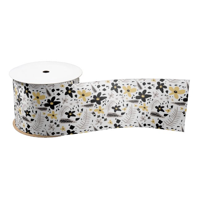 Abstract Black Yellow Grey Seamless Floral Pattern Satin Ribbon (Spool)