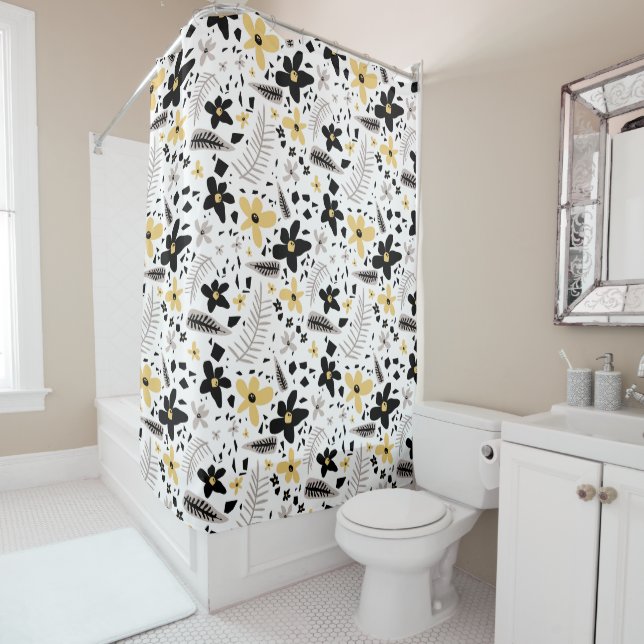 Abstract Black Yellow Grey Seamless Floral Pattern Shower Curtain (In Situ)