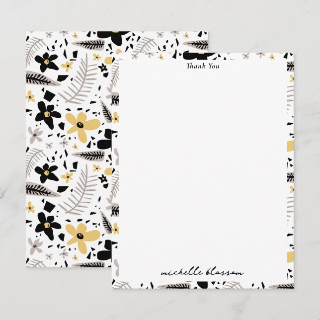 Abstract Black Yellow Grey Seamless Floral Pattern Thank You Card (Front/Back)