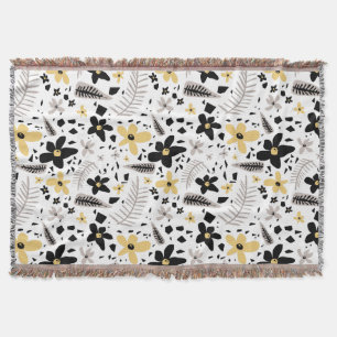 Abstract Black Yellow Grey Seamless Floral Pattern Throw Blanket