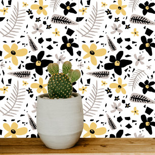 Abstract Black Yellow Grey Seamless Floral Pattern Tile