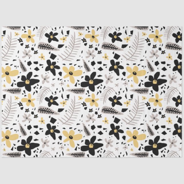 Abstract Black Yellow Grey Seamless Floral Pattern Tissue Paper (Front)