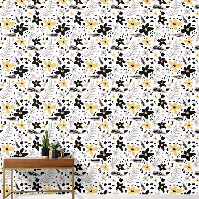 Abstract Black Yellow Grey Seamless Floral Pattern Wallpaper (Hallway)