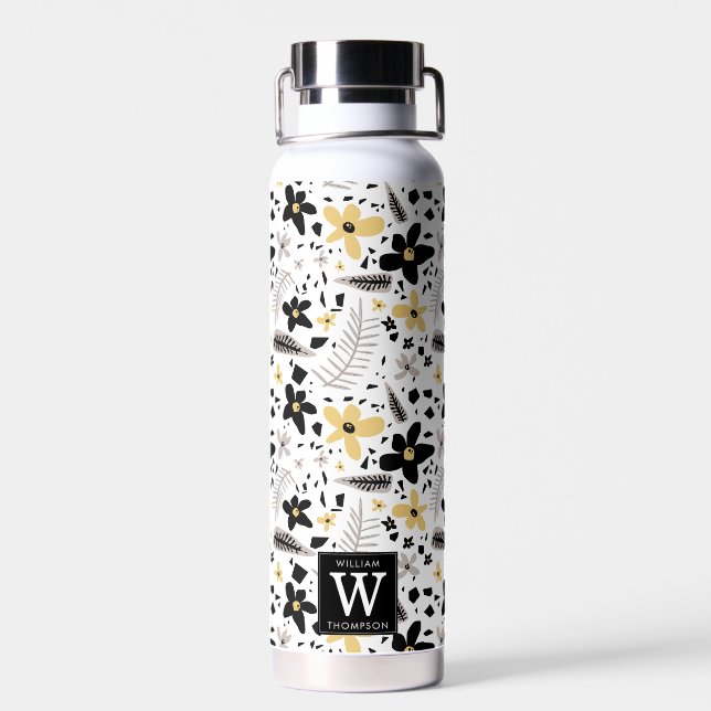 Abstract Black Yellow Grey Seamless Floral Pattern Water Bottle (Back)