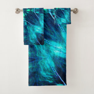 Abstract Bloom Aqua and Blue Fractal Design Bath Towel Set