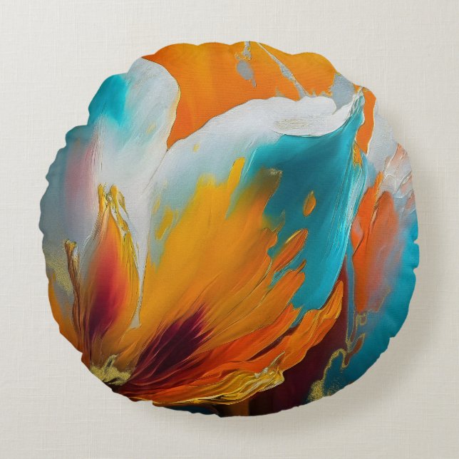 Abstract Bloom in Orange and Teal Round Cushion (Front)