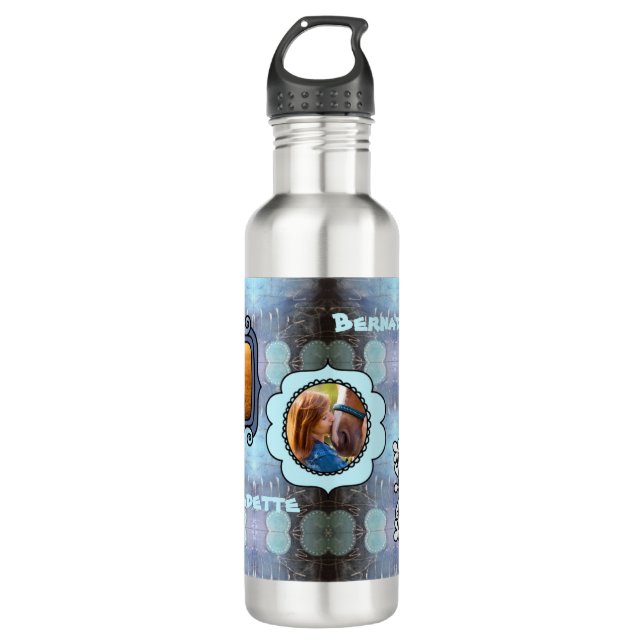 Abstract Blue 3 Photo Horse Pet Collage and Name 710 Ml Water Bottle (Front)