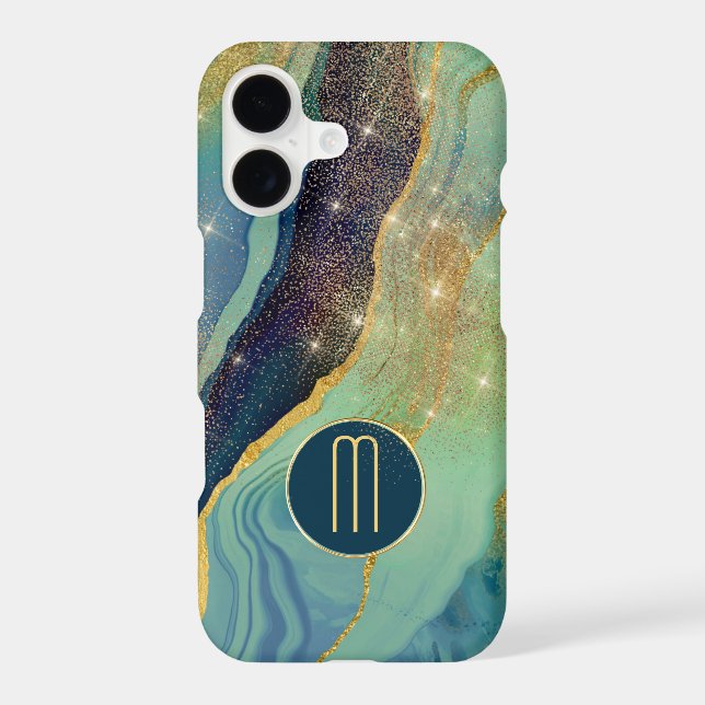 Abstract Blue Agate Gold Star Shine Monogram (Back)